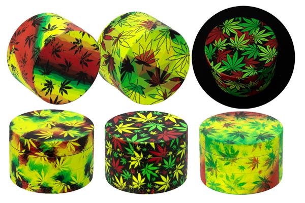 1 CNC Aluminium Grinder/Polinator, 50mm 4-teilig "Glow in the Dark - Leaf II (Rasta)"